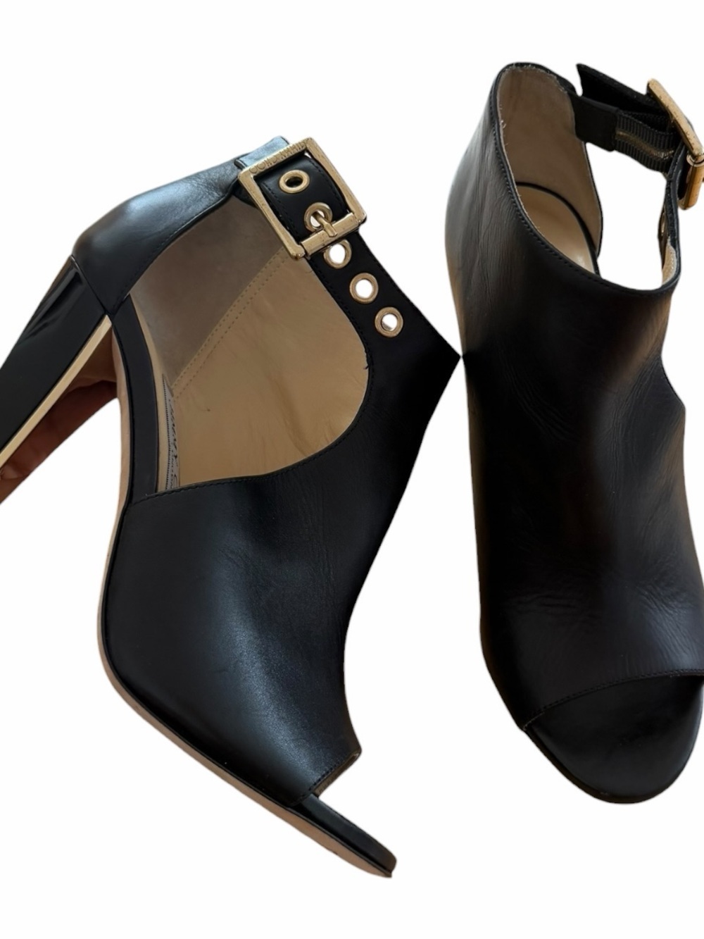 Jimmy Choo Black Leather Gold Accent Open Toe Ankle Booties Heels Size 35 / US 5 - Picture 2 of 11